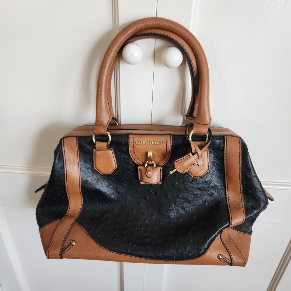 London Fog Satchel Handbag in Black Ostrich and Tan LIKE NEW - Picture 10 of 10